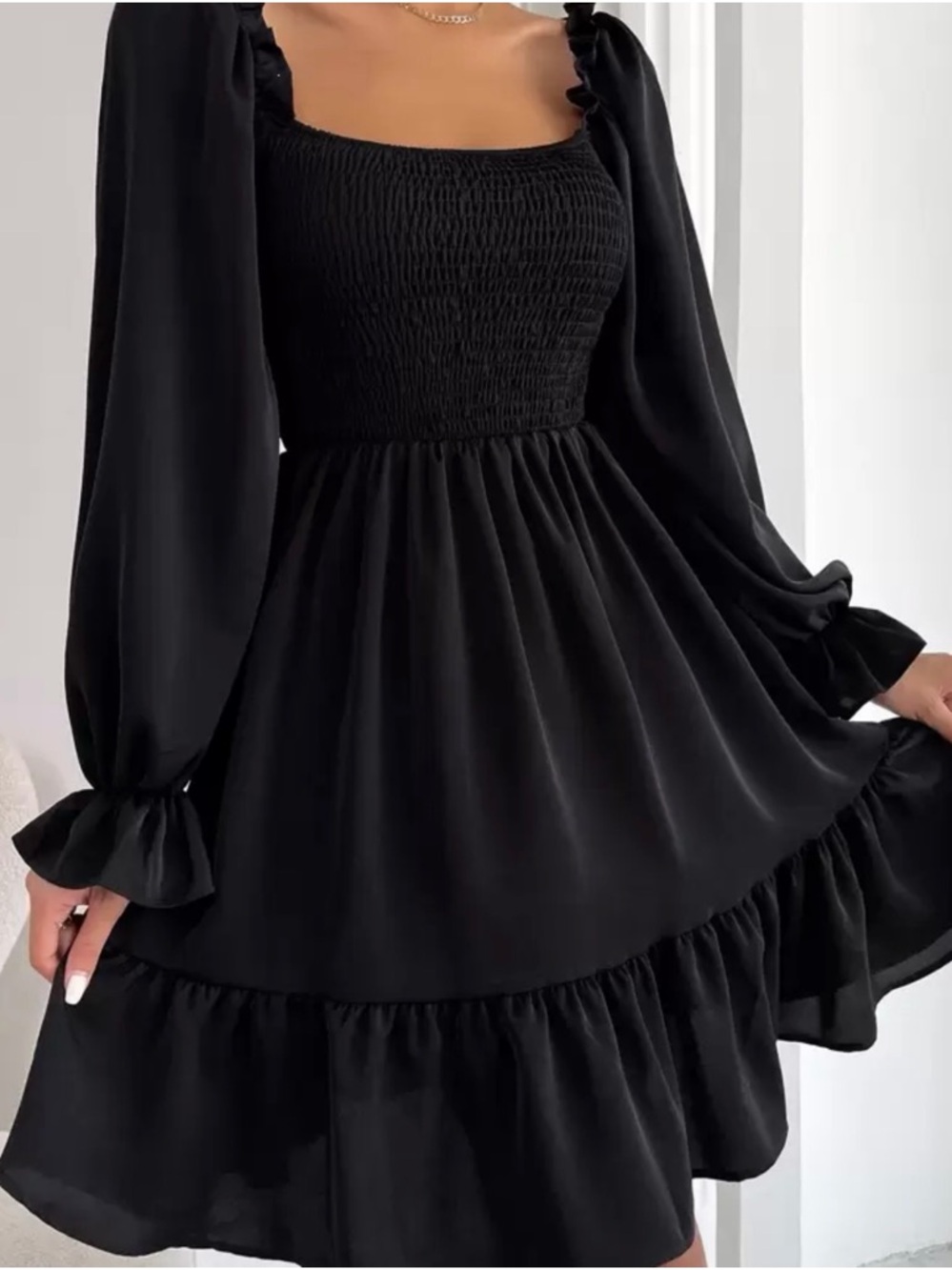 Women’s Square Neck Shirred Bodice Flounce Sleeve Ruffle Hem Mini Dress - Picture 2 of 6